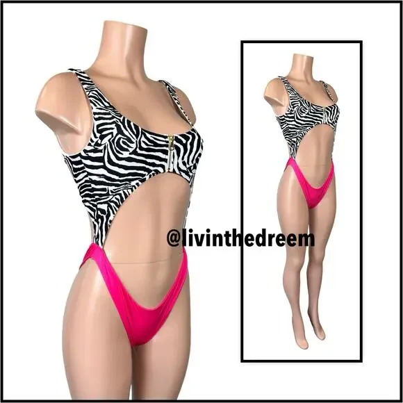 Beach Bunny Kelly Monokini One Piece Zebra Stripe and Barbie Pink SZ L $170